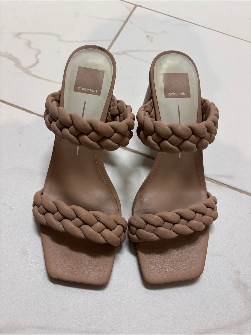 Dolce Vita Braided Double-Strap Slide Heels in Taupe
